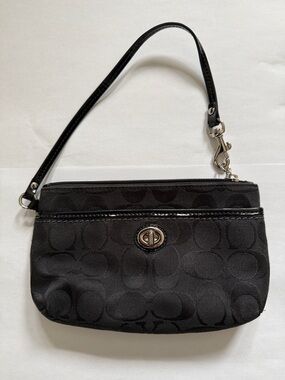 Coach Black Signature Wristlet with Silver Turnlock